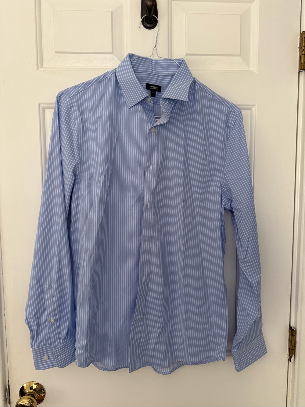 Express Men's Light Blue and White Stripe Dress Shirt